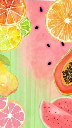 watermelon, grapefruit, and oranges on a green background