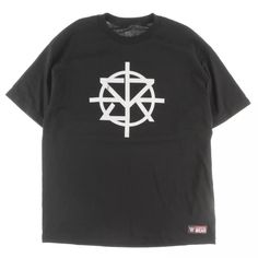 a black t - shirt with white print on the chest and an inverted cross in the middle