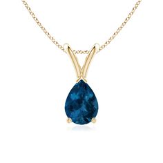 Suspended from a lustrous V bale is a vibrant pear-shaped London blue topaz. It is held in a three prong setting with a V prong securing the tapering tip. Crafted in 14k yellow gold, this classic solitaire London blue topaz pendant allures with its pleasing hue. Blue Topaz Pendant, Topaz Pendant, Topaz Necklace, Love Blue, Solitaire Pendant, Pendant Design, London Blue Topaz, London Blue, 18k Rose Gold