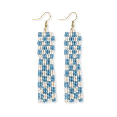 Harriet Woven Top Gingham Beaded Fringe Earrings Light Blue SHORT FRINGE Checkered Earrings, Stitch Earrings, Dash And Albert Rugs, Beaded Fringe Earrings, Brick Stitch Earrings, Dash And Albert, School Pride, Beaded Fringe, Glass Seed Beads