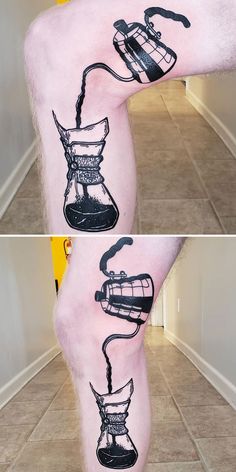 the legs are covered in black ink and have coffee cups drawn on them, as well as an image of a man's leg