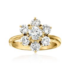 Ross-Simons - C. 1980 Vintage 1.58ct t. w. Diamond Flower Ring in 18kt Yellow Gold. Size 5.5. C. 1980. Sprouting with sparkle, this beautiful Estate collection flower ring blooms with a .52 carat round brilliant-cut diamond center encircled by 1.06 ct. t. w. round brilliant-cut diamond petals. Finely crafted in polished 18kt yellow gold. 1/2" wide. Diamond flower ring. Exclusive, one-of-a-kind Estate Jewelry. Diamond birthstones are the perfect gift for April birthdays. Diamond Flower Ring, Antique Jewelry Rings, Diamond Birthstone, Jewelry Rings Diamond, Diamond Flower, Flower Ring, Vintage Diamond, Round Brilliant Cut Diamond, Diamond Stone