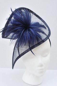 Navy Blue Fascinator, Womens Tea Party Hat, Church Hat, Wedding Hat, Church Fascinator, Derby Hat, Kentucky Derby Hat, English Hat, Elegant Carnival Fascinator With Feather Trim, Fitted Party Headpiece With Ostrich Feathers, Gatsby Style Feather Fascinator For Party, Fitted Party Hats With Feather Trim, Gatsby Style Party Fascinator With Feathers, Elegant Mini Hats With Feathers For Carnival, Evening Headband Hat With Feather Trim, Ostrich Feather Fascinator For Royal Ascot Party, Elegant Adjustable Fascinator With Ostrich Feathers