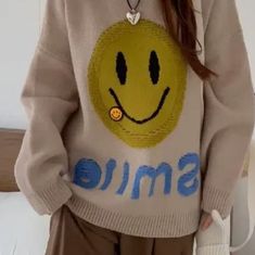 Smile Pattern Crew Neck Sweater, Casual Long Sleeve Loose Sweater, Women's Clothing Retro Crew Neck Fall Outerwear, Retro Crew Neck Outerwear For Fall, Brown Crew Neck Outerwear For Spring, Beige Crew Neck Outerwear For Spring, Smile Pattern, Hippie Sweaters, Cable Knit Sweater Womens, Dolman Sleeve Sweater, Psychology Quotes