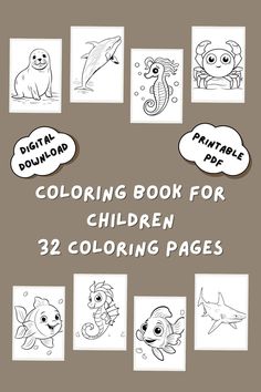 the coloring book for children with twelve different animals and sea creatures on it's cover