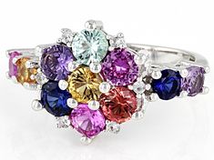 Pre-Owned  .71ctw Pink, .46ctw Yellow, .43ctw Blue, .43ctw Purple, .26ct Orange, .26ctw Green And .08ctw White Round Lab Created Sapphire Rhodium Over Sterling Silver Ring. Measures Approximately .85"L x .54"W. Not Sizeable. Color & Pattern Will Vary..  This product may be a customer return, vendor sample, or on-air display and is not in its originally manufactured condition.  It may not be new.  In some instances, these items are repackaged by JTV. Multicolor Sapphire Ring In Fine Jewelry Style, Multicolor Sapphire Ring With Brilliant Cut, Multicolor Brilliant Cut Sapphire Ring For Formal Occasions, Multicolor Brilliant Cut Sapphire Ring, Multicolor Sapphire Multi-stone Ring, Multicolor Multi-stone Sapphire Ring, Sapphire Multi-stone Diamond Gemstones, Multicolor Round Sapphire Ring Fine Jewelry, Multicolor Sapphire Ring With Prong Setting