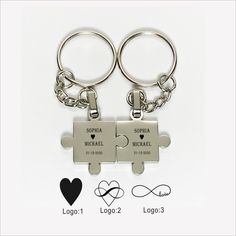 two pieces of puzzle keychain are shown with the names of each piece on it