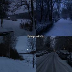 two pictures of cars parked on the side of a snow covered road at night and in winter