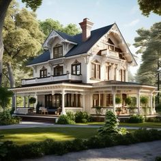 an artist's rendering of a victorian style house in the woods with trees and shrubs