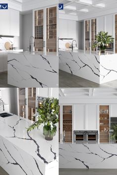 four photos of white marble countertops in a kitchen with plants on the counter top