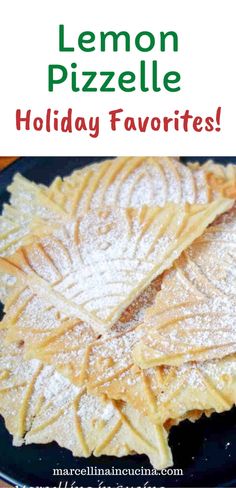 lemon pizza on a black plate with the words holiday favorites written in green and red