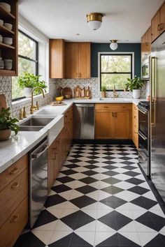 a kitchen with black and white checkered flooring, wooden cabinets and stainless steel appliances