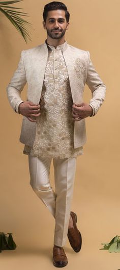 White and Off White color IndoWestern Dress in Organza Silk fabric with Embroidered, Resham, Zardozi work Wedding Beige Kurta With Floral Embroidery, Beige Wedding Kurta With Floral Embroidery, Beige Floral Embroidered Kurta For Wedding, Beige Floral Embroidery Kurta For Wedding, Beige Floral Embroidery Wedding Kurta, White Resham Embroidered Kurta For Ceremony, White Resham Embroidery Kurta For Ceremony, White Embroidered Kurta For Ceremony, White Embroidered Sherwani For Ceremony