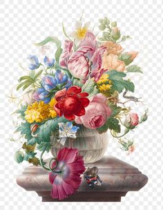 a vase filled with lots of flowers on top of a wooden table png clipart