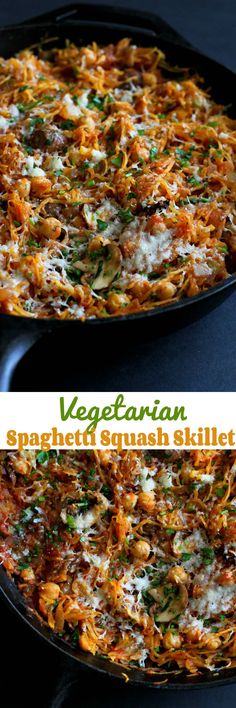 two pictures of a vegetarian spaghetti dish in a skillet