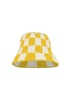 The Checkered Crochet Bucket Hat features a narrow, downward-sloped brim, perfect for shading the face from the sun or folding up for a chic, contemporary vibe. Retro Short Brim Bucket Hat For The Beach, Retro Short Brim Bucket Hat For Beach, Retro Beach Bucket Hat With Short Brim, Retro White Wide Brim Sun Hat, Retro Crochet Hat With Curved Brim For Vacation, Chic Yellow Hat For The Beach, Chic Yellow Beach Hat, Retro Brimmed Bucket Hat For Beach, Trendy Flat Brim Cloche Hat For Beach