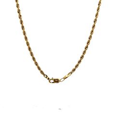 This unisex rope chain necklace is crafted from 14 karat yellow gold, measuring 26 inches in length and 2.15 mm in width. The polished gold chain offers both durability and sleek design, making it a versatile accessory for any jewelry collection. Its simple elegance makes it suitable for both casual or formal occasions, whether layered with other pieces or worn alone. 14k Gold Link Rope Chain Necklace, Classic 14k Gold Rope Chain Necklace, Classic Rope Chain Necklace For Gift, Classic Rope Chain Necklace In 14k Gold, 14k Gold Rope Chain Necklace As Gift, 14k Gold Rope Chain Necklace With Cable Detail, Classic Yellow Gold Wheat Chain Rope Necklace, Classic Yellow Gold Wheat Chain Necklace, 14k Yellow Gold Rope Chain Necklace