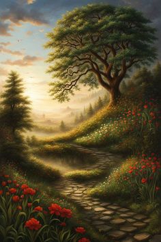 a painting of a path leading to a tree with red flowers in the foreground