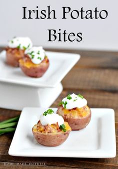 three small appetizers on white plates with green onions and sour cream toppings