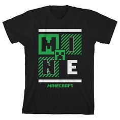 Minecraft fans will love sporting this youth black graphic t-shirt! This t-shirt, featuring the game title and logo, showcases a big, colorful graphic that has been professionally printed to ensure long-lasting color quality. The Minecraft fan apparel is classic black, and has short sleeves for comfort and style in warm weather. This t-shirt is made of 100percent USA cotton, and can be machine washed in cold water with like colors, then tumble dried for easy care. As an officially licensed produ Minecraft T Shirt Design, Black Sports T-shirt With Graphic Design, Graphic Print Crew Neck T-shirt For Gaming Events, Black Team Spirit T-shirt With Logo, Fan Merchandise Logo T-shirt Crew Neck, Fan Merchandise Logo T-shirt With Crew Neck, Black Gamer T-shirt With Letter Print, Gaming Event Crew Neck T-shirt With Letter Print, Black Fan Apparel T-shirt For Merchandise