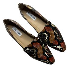 Steve Madden Women's Flats Slip On Loafers Faux Snakeskin Gemmy Shoes Size 8 Padded Footbed Nwot Synthetic Closed Toe Flats For Fall, Fall Closed Toe Synthetic Flats, Fall Synthetic Pointed Toe Flats, Pointed Toe Faux Leather Flats For Fall, Brown Flat Heel Loafers For Fall, Fall Synthetic Closed Toe Flats, Fall Synthetic Loafers With Flat Heel, Brown Flats With Leather Sole For Fall, Brown Flats For Workwear In Fall