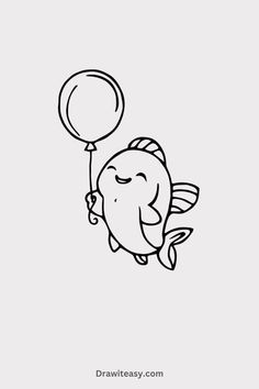 A cute outline drawing of a fish holding a balloon, smiling as it floats. Fish Drawing Sketches, Cute Fish Drawing, Fish Sketches