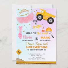 a pink and yellow truck birthday party card