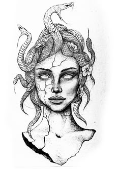 a drawing of a woman with a snake on her head