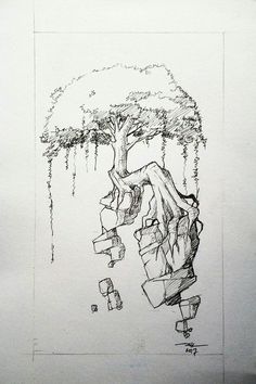 a pencil drawing of a tree with rocks hanging from it's trunk and branches