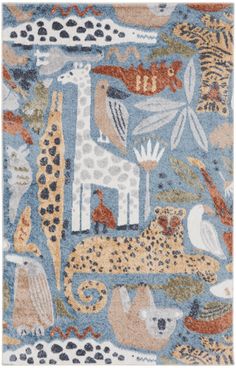 a blue and white rug with giraffes, birds, and other animals