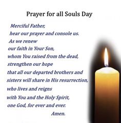 a candle with the words prayer for all soul's day