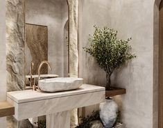 a white sink sitting under a bathroom mirror next to a vase with a plant in it