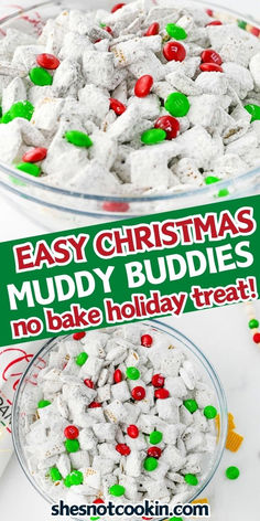 Christmas muddy buddies in a glass bowl. Holiday Puppy Chow, Christmas Puppy Chow, Santa Chocolate, Christmas Snack Mix, Puppy Chow Christmas, Reindeer Chow, Christmas Snacks Easy, Chex Mix Christmas, Chex Mix Puppy Chow