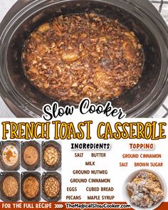 an advertisement for slow cooker french toast casserole with instructions to make it