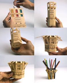 four different views of an object made out of cardboard and colored pencils in it