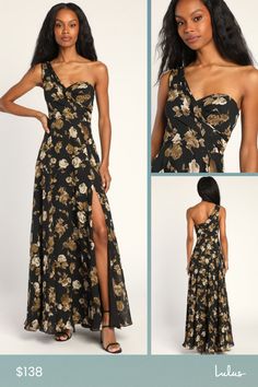 Look like the epitome of style at any soiree this summer with the Lulus Fashionably Refined Black Floral Print One-Shoulder Maxi Dress! This elegant gown is composed of lightweight woven chiffon, decorated with vintage-inspired floral print throughout, that shapes a sweetheart bodice (supported by hidden no-slip strips), while a single gathered wide strap creates a one-shoulder neckline. A high, fitted waist tops a flowy A-line skirt that falls to a maxi hem, accented with a sultry thigh-high si Summer Evening One Shoulder Maxi Dress, Fitted One Shoulder Maxi Dress For Party Season, Fitted One-shoulder Maxi Dress For Party Season, Summer Evening One Shoulder Long Dress, Long One Shoulder Dress For Summer Evening, Summer Evening One-shoulder Long Dress, Summer Evening Long One Shoulder Dress, Summer Evening One-shoulder Maxi Dress, Spring Evening Maxi Dress With Asymmetrical Neckline