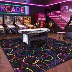 a room with arcade machines and neon lights