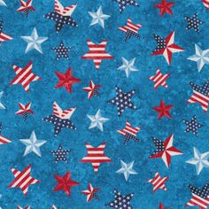 a blue background with red, white and blue stars