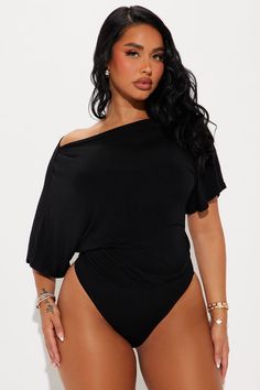 Available In Black, Ivory, Taupe, And Heather Grey. Bodysuit Crew Neck Short Sleeve Drape Detail Cheeky Bottom Snap Button Closre Stretch Final Sale 95% Modal 5% Spandex Imported | Flatter Me Off Shoulder Bodysuit in Black size Small by Fashion Nova Latino Woman, Off Shoulder Bodysuit, Grey Bodysuit, Sweater Jumpsuit, Futuristic Technology, Womens Bodysuit, Black Bodysuit, Matching Dresses, Yum Yum