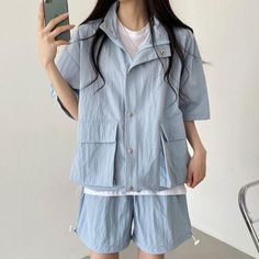 Women's Drawstring Utility Half sleeve Lightweight Jacket and Shorts for Summer Size  One size, good for US size 4-12 Fabric and Care  Nylon 100%  Machine washable and tumble dry at low temperature  Made in S Korea Jacket And Shorts, Womens Overalls, Quilted Pants, Cozy Pants, S Korea, Shorts For Summer, How To Hem Pants, Overalls Women, Linen Shorts