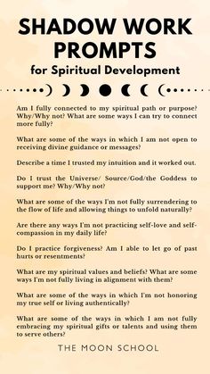 Shadow work spiritual journey Questions for Self discovery Heal your shadow self with morning journal prompts, mindfulness prompts, writing exercises. Mind body and soul integration journaling prompts Daily shadow work prompts  New beginnings, new identity, cultivate your new self! Shadow work to find your purpose Shadow work to find yourself How to start a healing journal for your spiritual awakening Cultivate Self love for ascension through your darker aspects. Shadow Workbook, Spiritual Work, Journal Prompts Spiritual, Shadow Work Journal Prompts Parents, Shadow Work Spiritual Journal Prompts, Journal Prompts For Spiritual Awakening, Spiritual Journal Prompts, Shadow Journaling Questions, Confidence Shadow Work Prompts