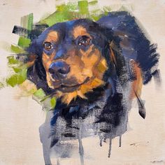 a painting of a dachshund with green leaves on its head