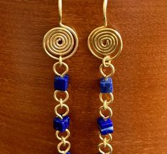 Handmade Gold Spiral Earrings, Handmade Spiral Gold Earrings, Handmade Spiral Yellow Gold Earrings, Lapis Stone, Earrings Art Deco, Earrings Art, Design Square, Long Dangle Earrings, Handmade Wire Jewelry