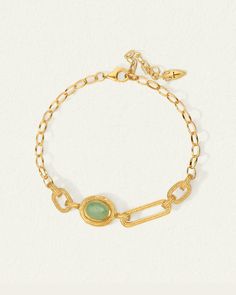 The Talis Bracelet in 18k gold vermeil and green aventurine cabochon. Shop jewellery inspired by the Roman Empire. Elegant Aventurine Bracelet Jewelry, Elegant Aventurine Bracelet, Gold Bracelets With Aventurine Natural Stones, Gold Bracelets With Natural Aventurine Stones, Gold Jade Bracelets With Natural Stones, Gold Aventurine Bracelets As Gift, Gold Bracelet With Semi-precious Stone For Gift, Elegant Gold Chain Bracelet With Natural Stones, Gold Bracelets With Natural Stones For May Birthstone