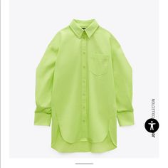 New W Tag Trendy Solid Color Shirt For Spring, Spring Trendy Solid Color Shirt, Solid Shirt With Shirttail Hem For Spring, Trendy Zara Shirt In Relaxed Fit, Trendy Blouse With Shirttail Hem For Spring, Zara Green Shirt For Spring, Green Zara Shirt For Spring, Trendy Green Workwear Shirt, Casual Green Zara Shirt