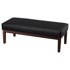 a wooden bench with black leather upholstered seat and wood legs on an isolated white background