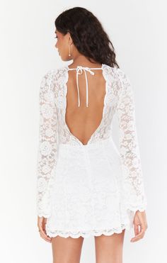 Natalie Mini Dress ~ White Forever Lace – Show Me Your Mumu Backless Lace Dress With Lace-up Back, Fitted Lace Dress With Lace-up Back, Lace Dress With Lace-up Back For Brunch, Fitted Brunch Lace Dress With Scalloped Lace, Fitted Lace Dress With Scalloped Lace For Brunch, Mini Lace Dress With Lace Back, Fitted Spring Lace Dress With Lace-up Back, Lace Mini Dress With Lace-up Back For Night Out, Mini Lace Dress With Lace-up Back