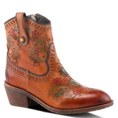 L`Artiste Style: Galop Premium hand selected leathers featuring hand embossed and hand-colored sprigs of wispy leaves and blooms. Fashion Cowgirl style boot with front yoke, outside cabochon embellished pull tab, and inside zipper. Upper: Leather Lining: Synthetic, Velvet Insole: Synthetic Outsole: Rubber Closure: Zipp Artistic Shoes, Fashion Cowgirl, L'artiste By Spring Step, Leather Cowgirl Boots, Spring Step Shoes, Zipper Heels, Favorite Boots, Cowboy Boots Women, La Girl