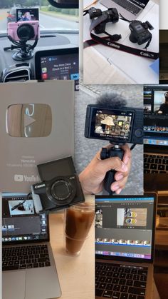 many different pictures of laptops, cameras and other electronic gadgets on a table