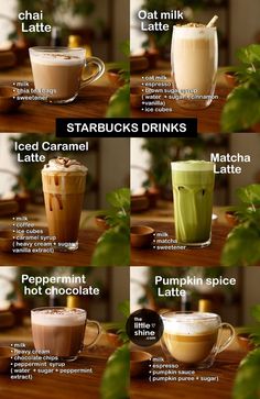 there are many different types of drinks on the table with their names in each cup